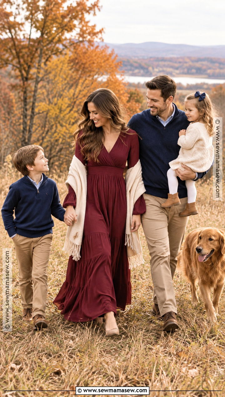 Burgundy Maxi Dress With Neutral Flats - 15 fall family picture dress ideas