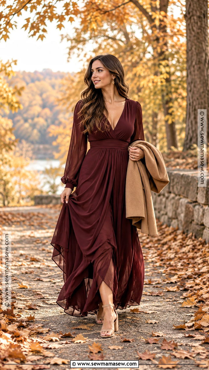 Burgundy Maxi Dress for Fall Engagement Photos - 15 engagement photo dress fall ideas