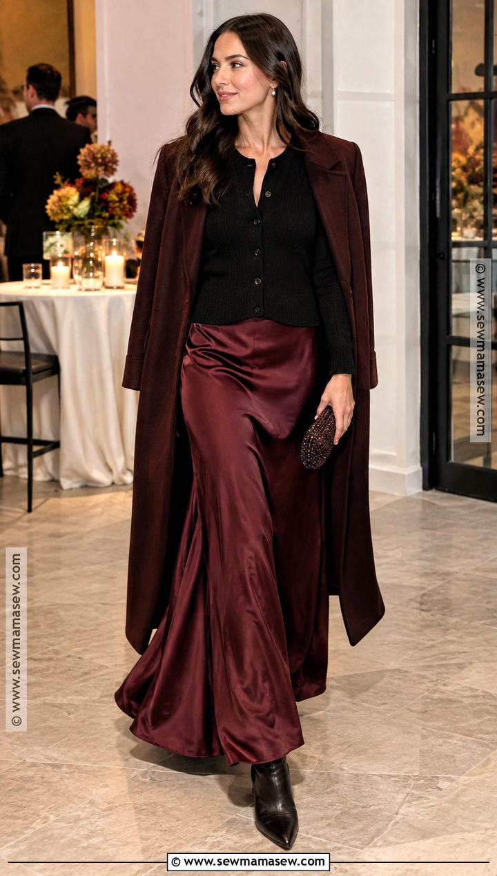 Burgundy Maxi Skirt And Fitted Cardigan Fall Party Outfit - 20 fall party outfits