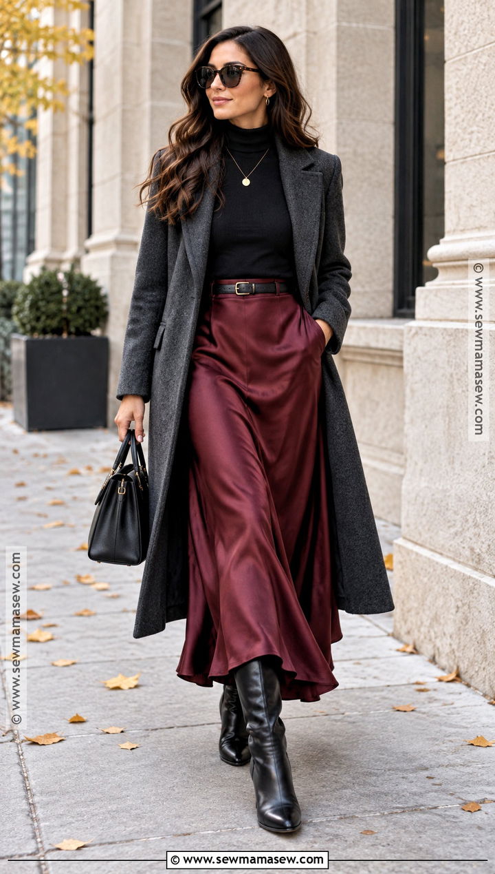 Burgundy Maxi Skirt With Black Boots - 15 fall maxi skirt outfits with boots