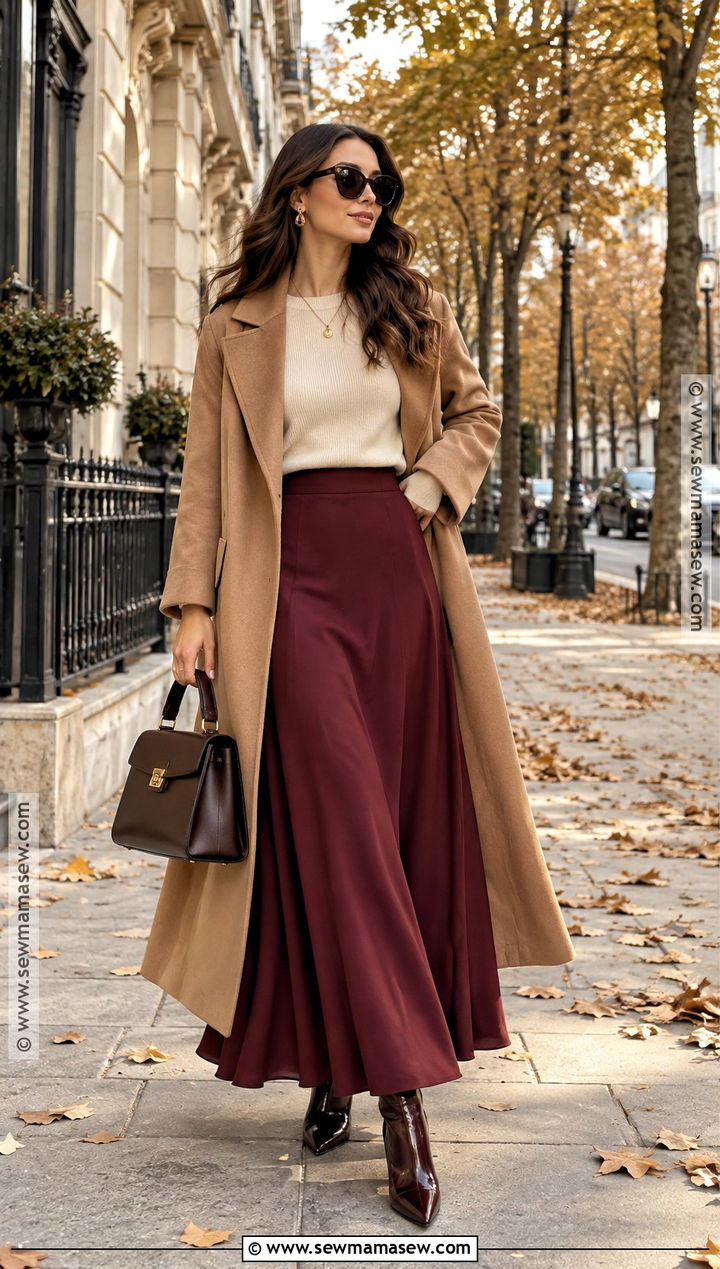 Burgundy Maxi Skirt With Camel Coat And Heeled Boots - 15 fall outfits with maxi skirts