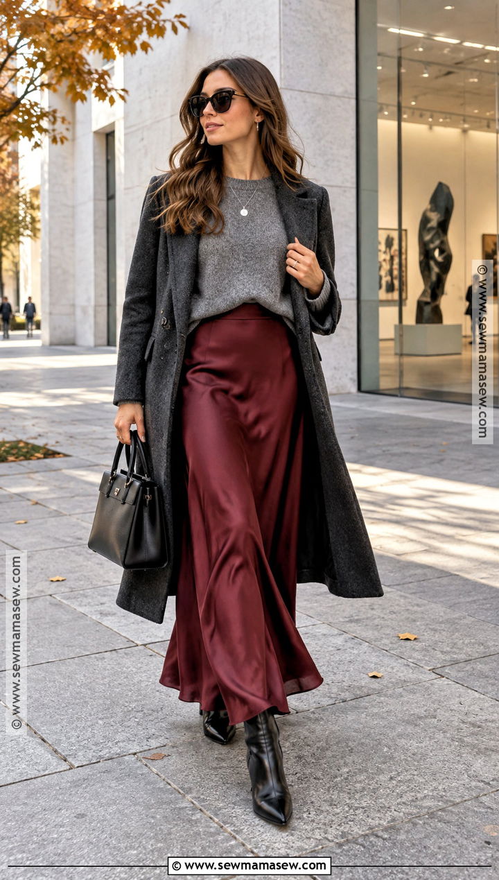 Burgundy Maxi Skirt With Gray Sweater And Heeled Boots - 15 maxi skirt outfit fall ideas 2026