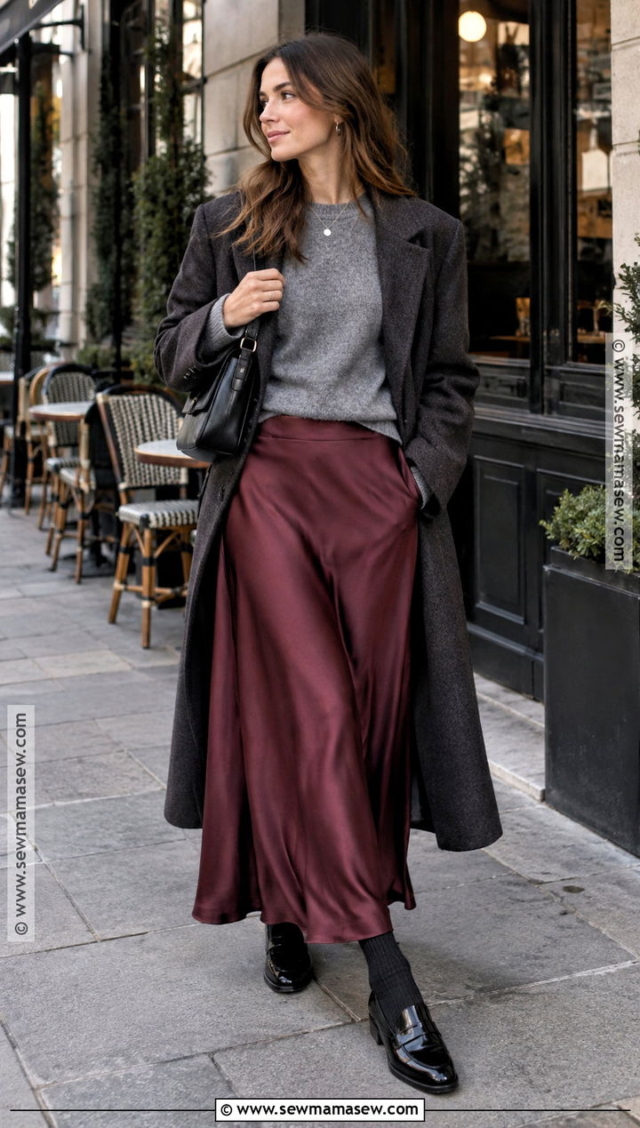 Burgundy Maxi Skirt With Gray Sweater And Loafers - 20 maxi skirt outfit autumn ideas