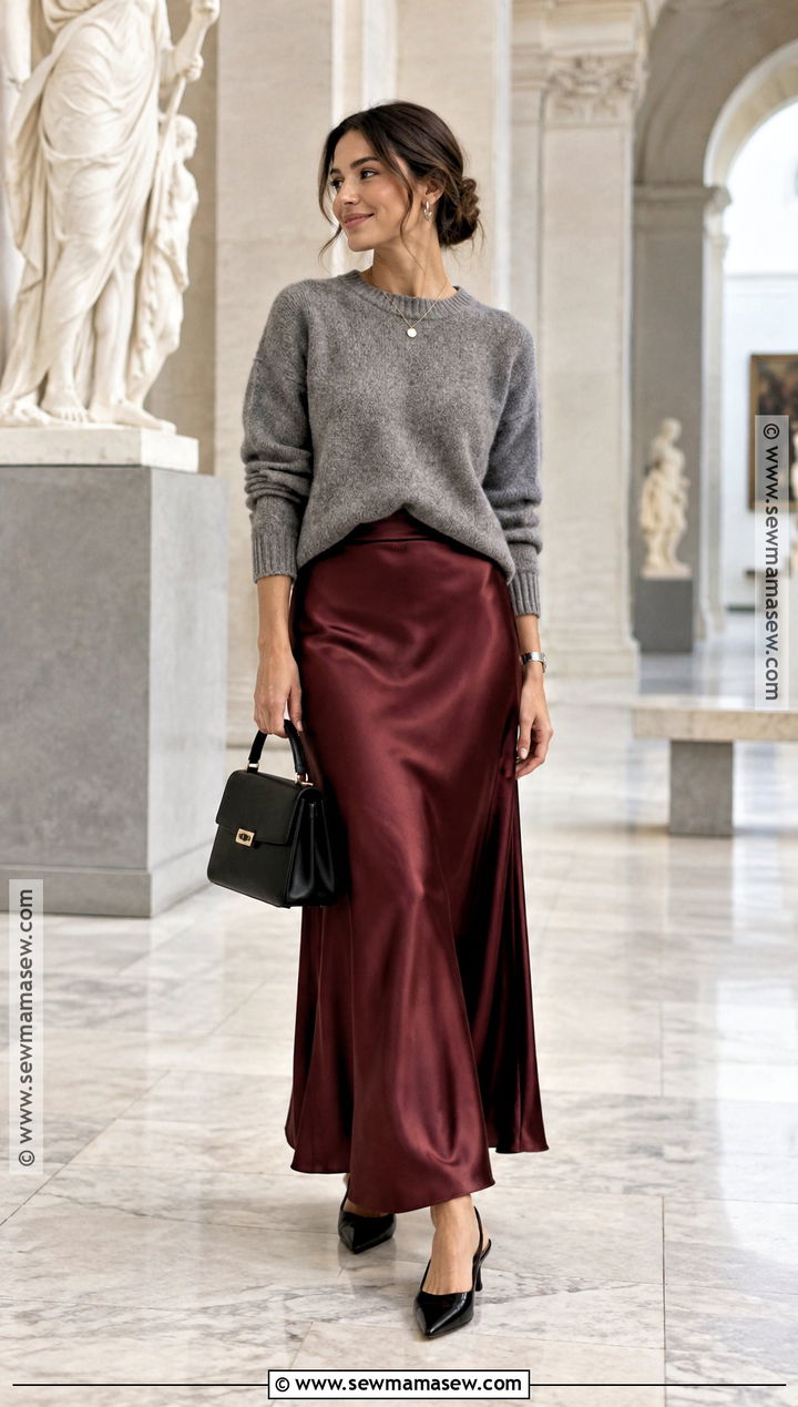 Burgundy Maxi Skirt With Gray Sweater And Slingback Shoes - 25 maxi skirt fall outfit ideas