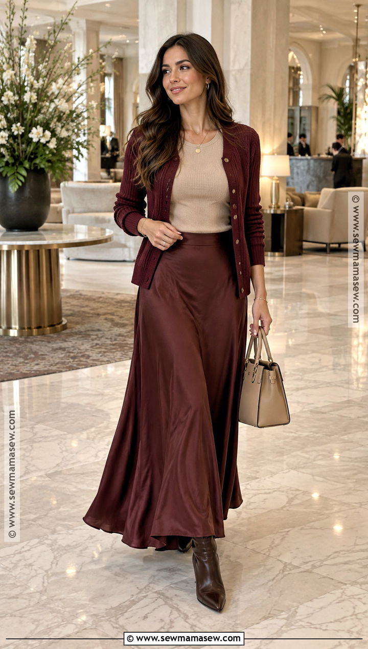 Burgundy Maxi Skirt With Matching Cardigan - 25 burgundy skirt outfit fall ideas