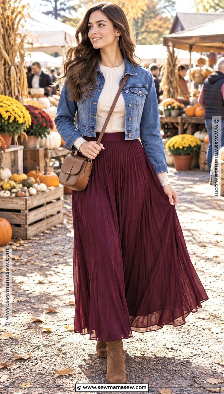Burgundy Maxi Skirt and Denim Jacket Outfit - 15 fall burgandy outfits