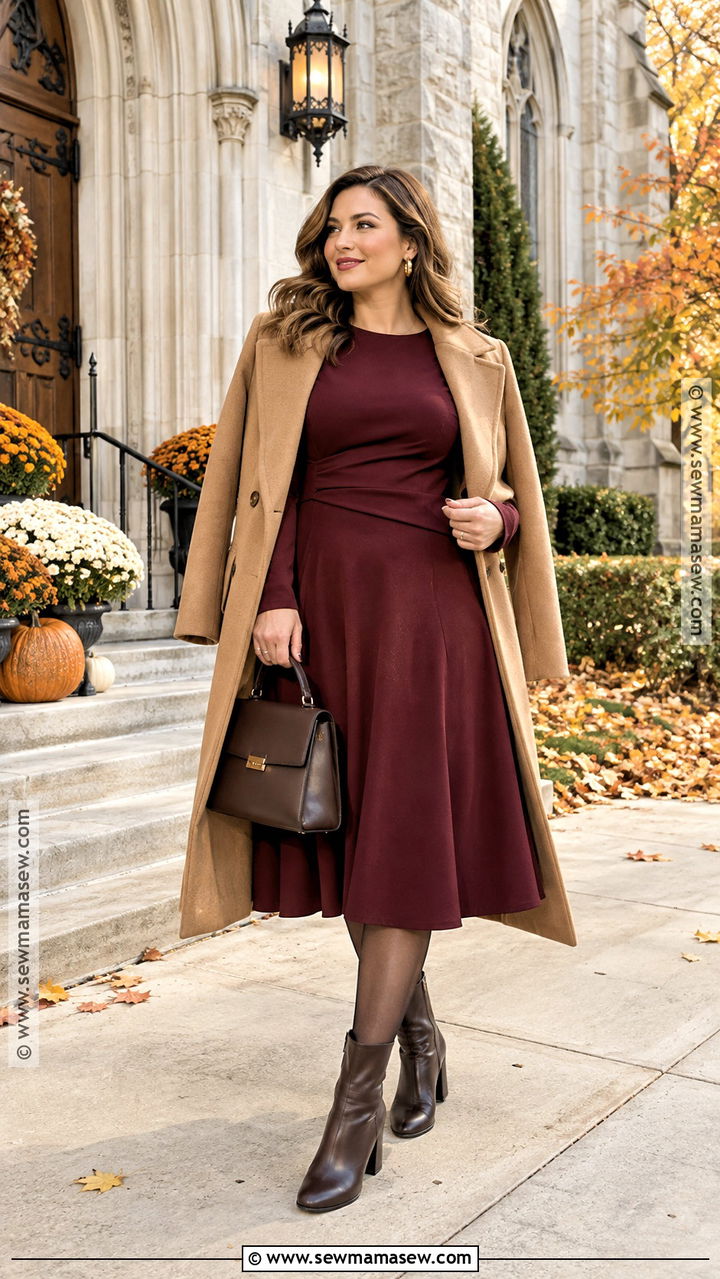 Burgundy Midi Church Dress With Ankle Boots - 20 fall church dresses