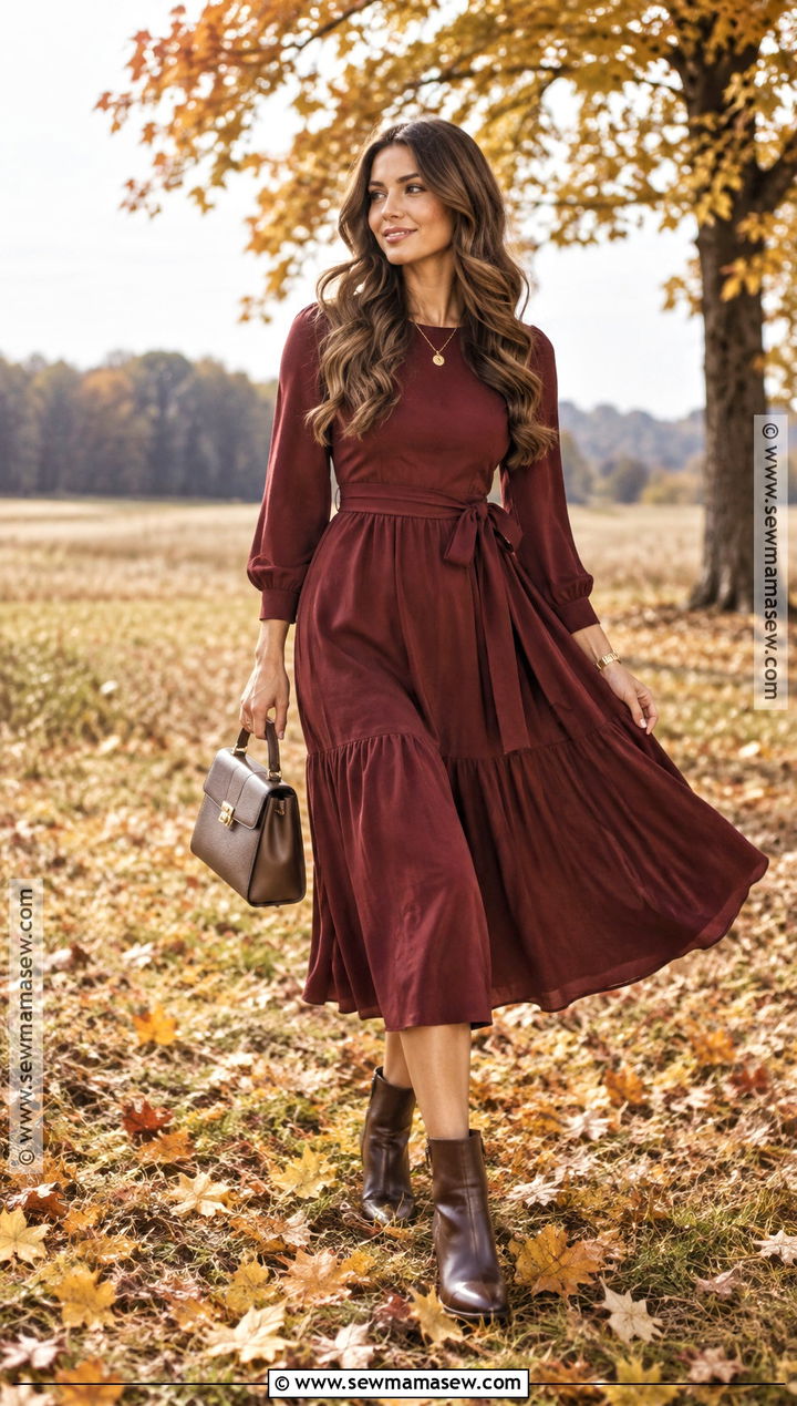 Burgundy Midi Dress And Ankle Boots Autumn Photoshoot Outfit - 15 autumn outfit photoshoot ideas