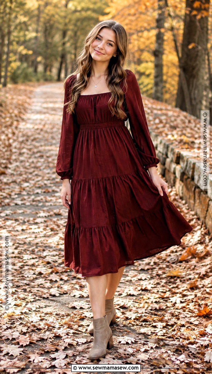Burgundy Midi Dress And Ankle Boots Fall Senior Picture Outfit - 15 fall outfits for senior pictures photo shoot