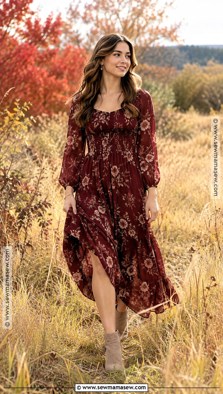 Burgundy Midi Dress And Ankle Boots Outfit - 15 October Senior Pictures Outfits