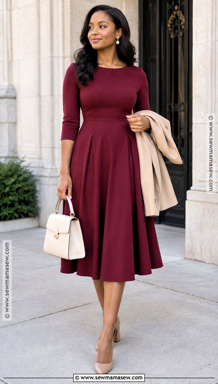 Burgundy Midi Dress And Block Heels Church Outfit - 20 september church outfits
