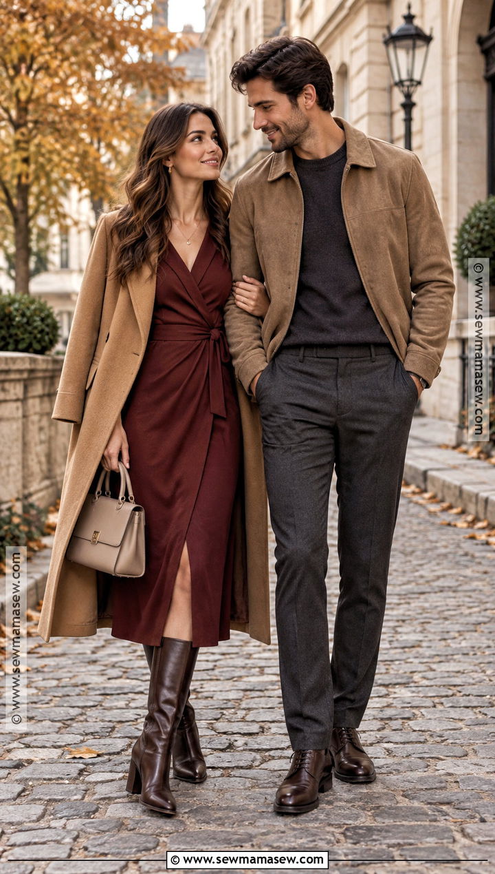 Burgundy Midi Dress And Camel Coat Engagement Outfit - 15 engagement pictures outfits fall
