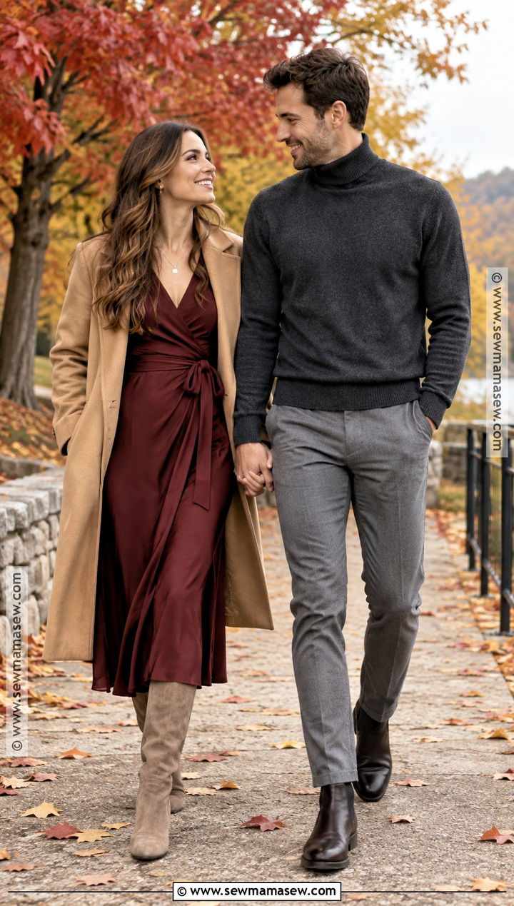 Burgundy Midi Dress And Charcoal Turtleneck Fall Couples Photoshoot Outfit - 15 couples photoshoot fall outfit ideas