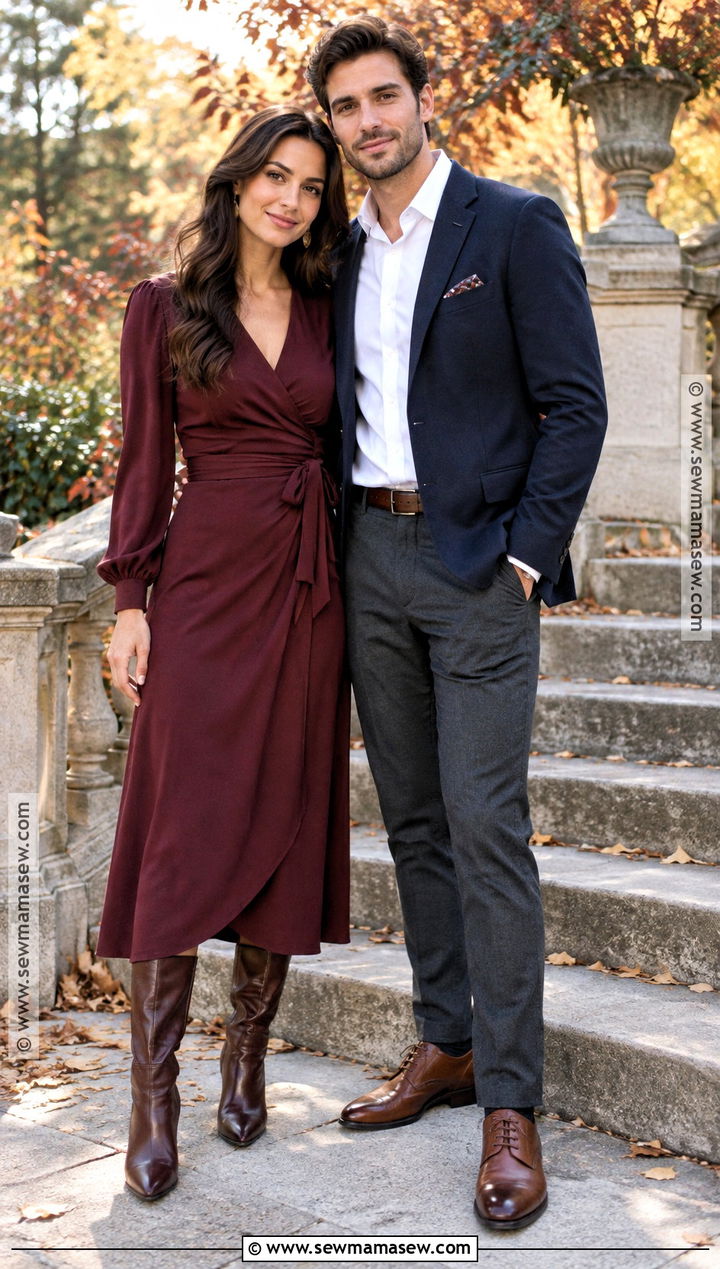 Burgundy Midi Dress And Navy Blazer Couple Outfit - 15 couple photoshoot fall outfit ideas
