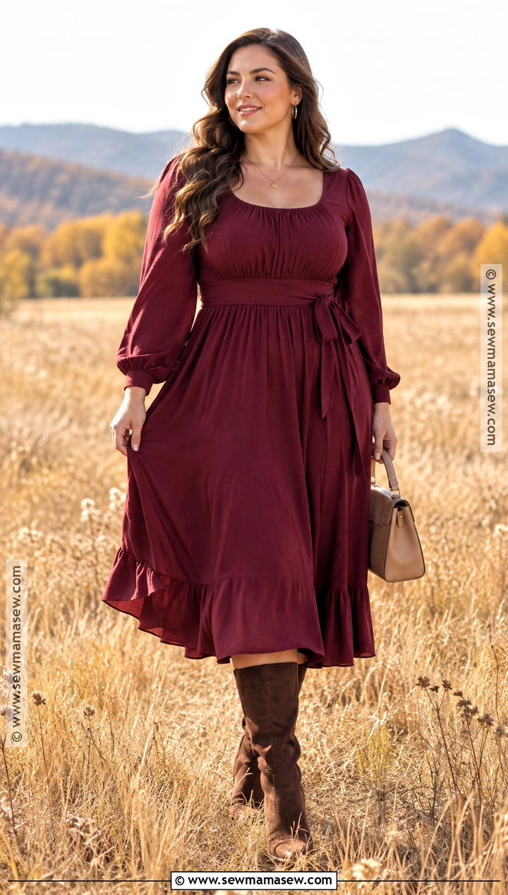 Burgundy Midi Dress And Suede Boots Fall Photos Outfit - 15 fall photos outfit ideas