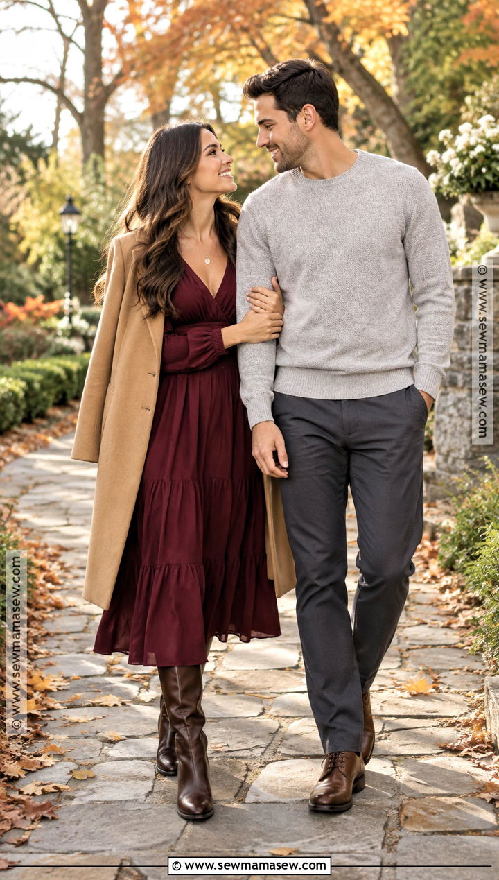 Burgundy Midi Dress Autumn Engagement Photo Outfit - 20 autumn engagement photos outfits