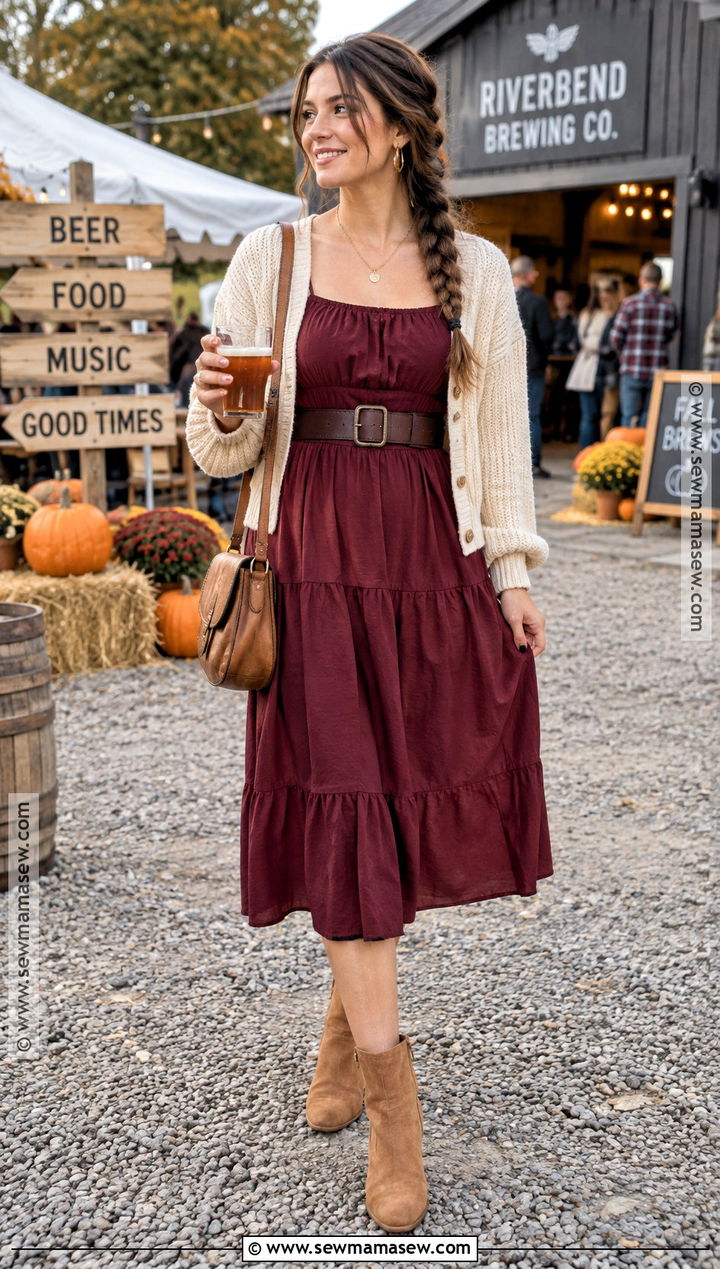 Burgundy Midi Dress Beer Festival Outfit - 15 fall beer festival outfit ideas