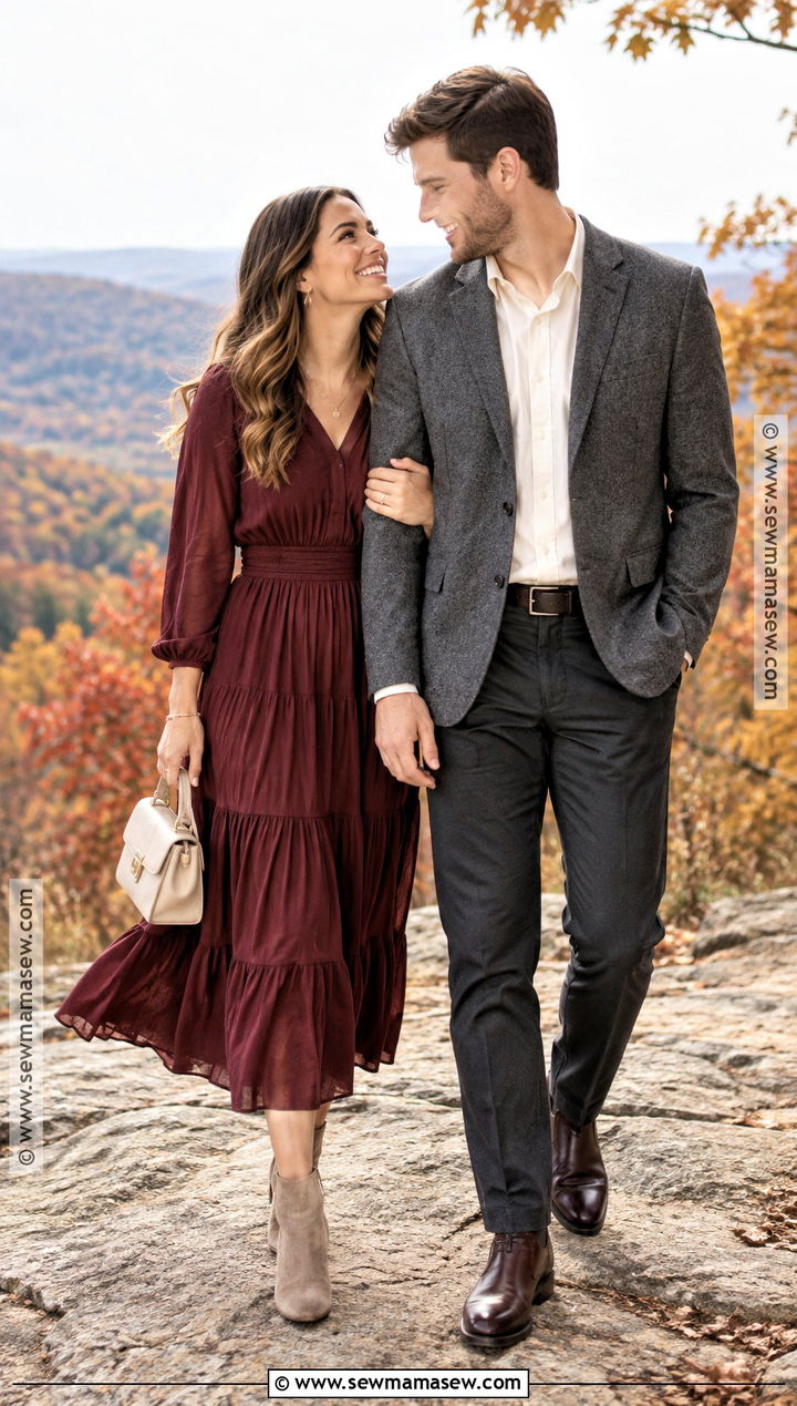 Burgundy Midi Dress Engagement Photo Outfit - 15 engagement photos outfits october