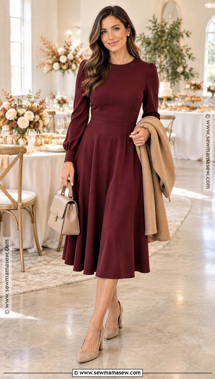 Burgundy Midi Dress Fall Baby Shower Guest Outfit - 25 baby shower outfit for guest fall ideas