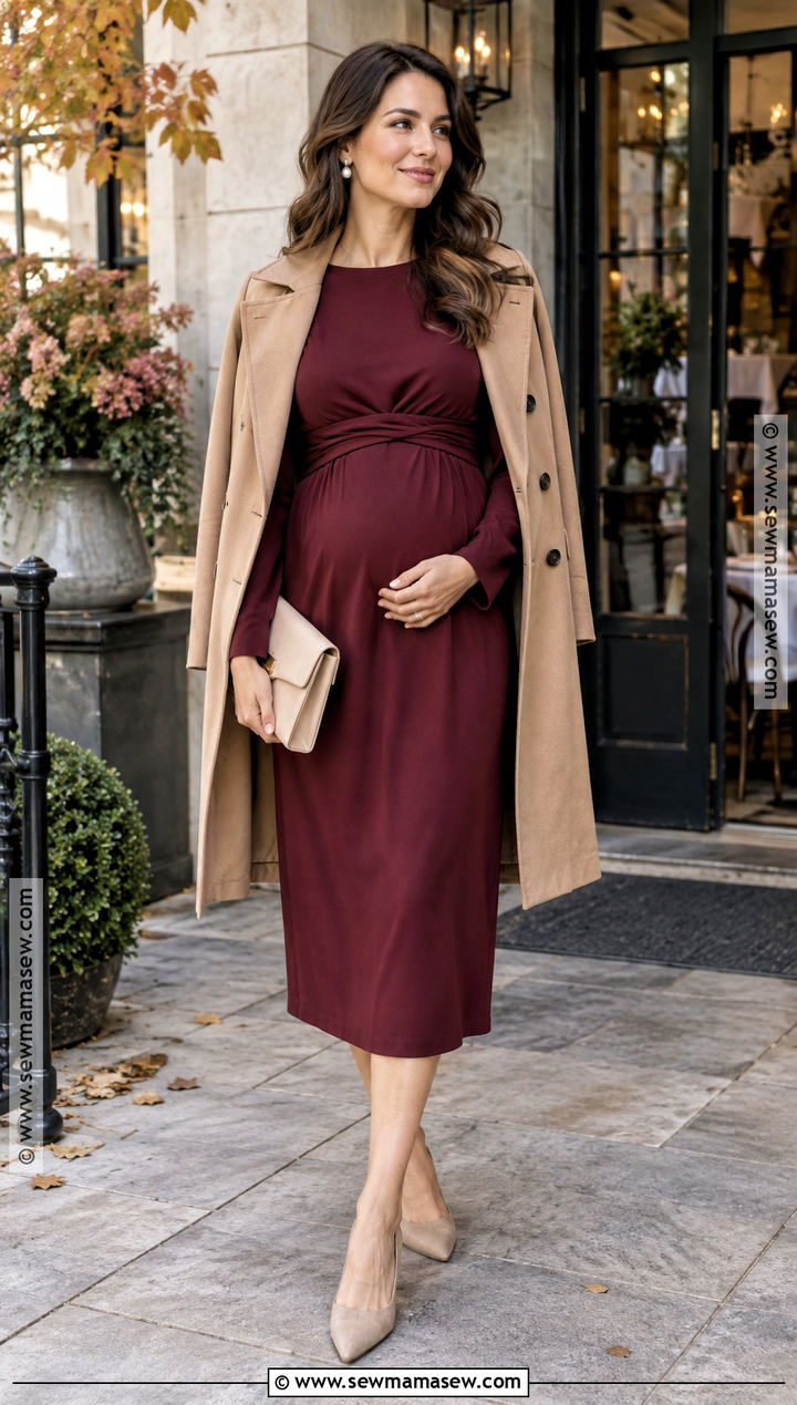 Burgundy Midi Dress Fall Baby Shower Outfit - 25 fall baby shower outfit ideas
