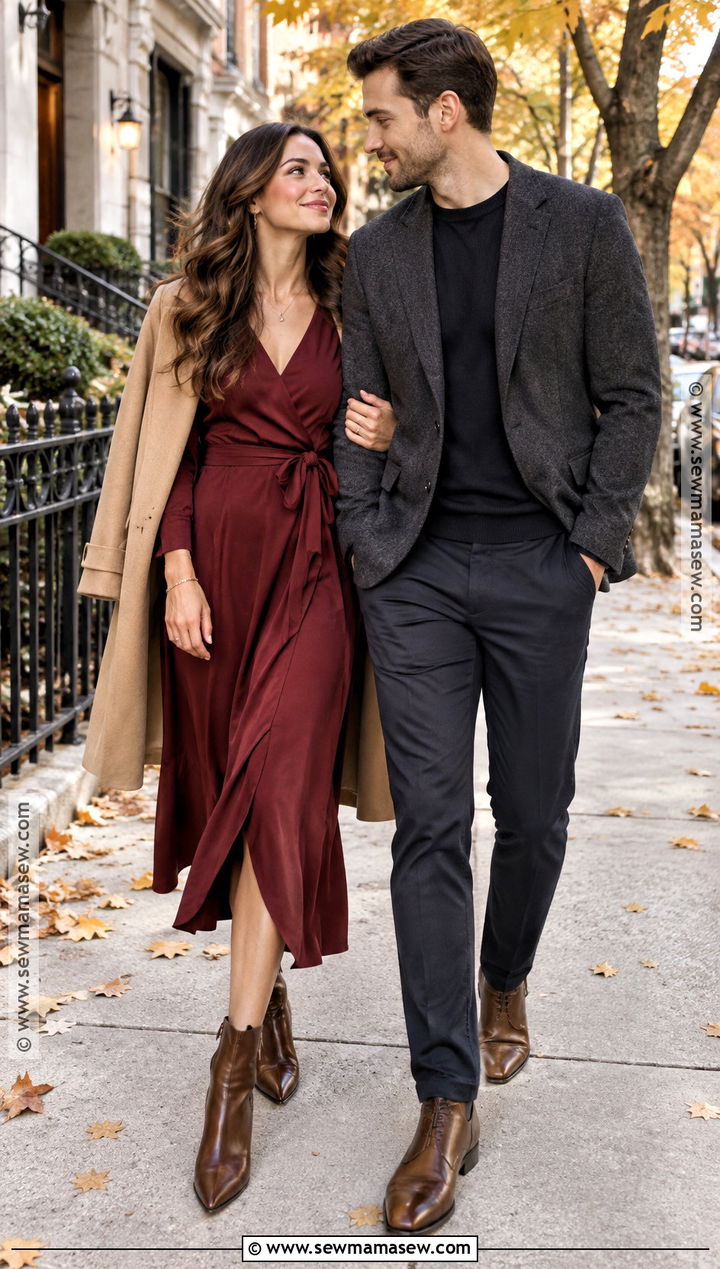 Burgundy Midi Dress Fall City Engagement Outfit - 15 fall city engagement pictures outfit ideas