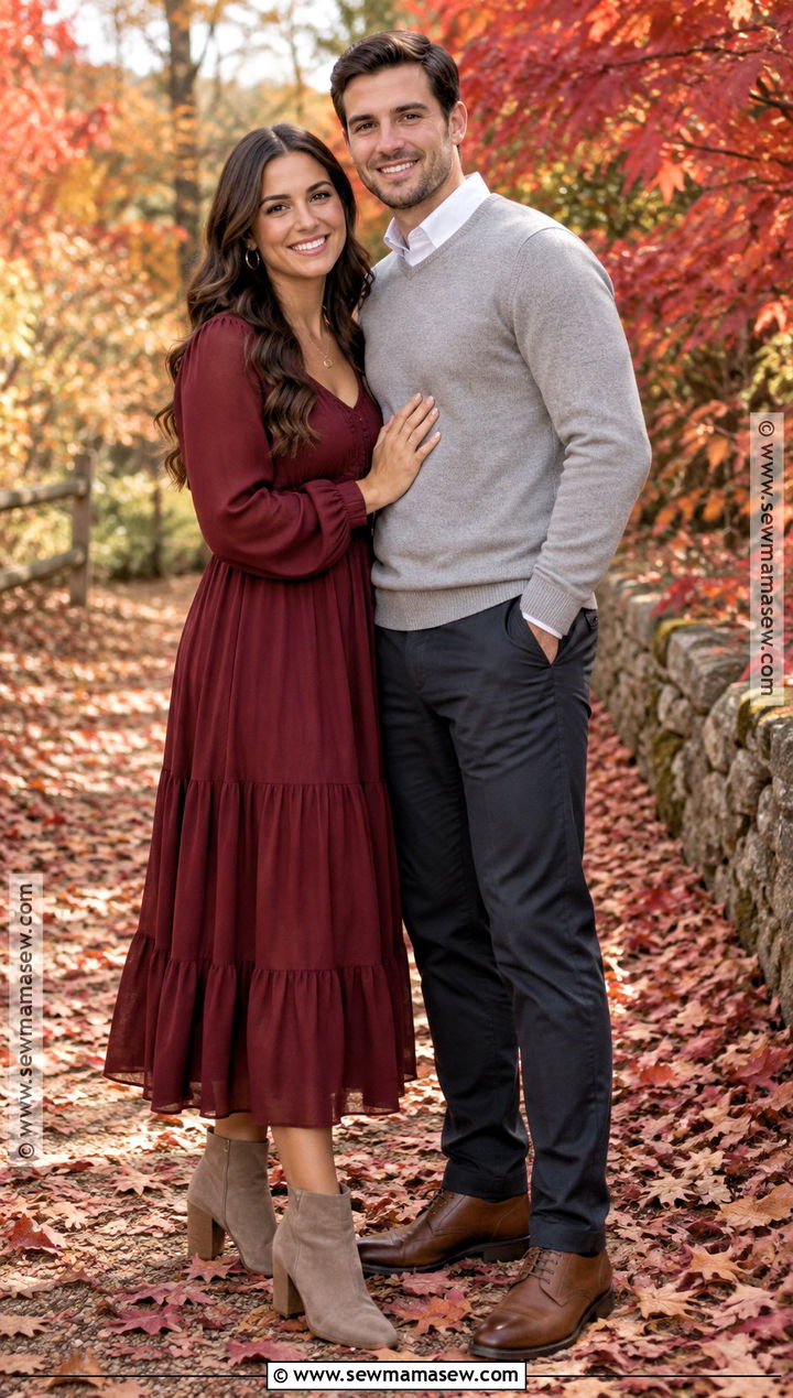 Burgundy Midi Dress Fall Engagement Outfit - 15 Outfits For Fall Engagement Pictures