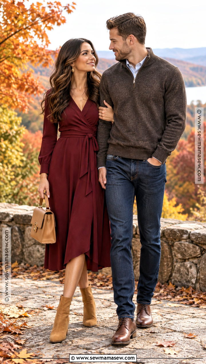 Burgundy Midi Dress Fall Engagement Outfit - 15 engagement fall outfits