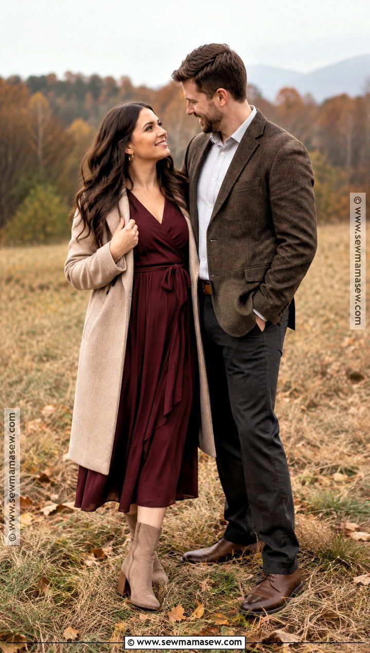 Burgundy Midi Dress Fall Engagement Photo Outfit - 20 outdoor engagement photos outfits fall