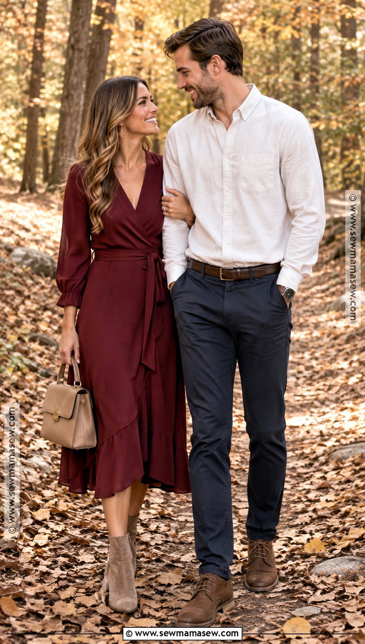 Burgundy Midi Dress Fall Engagement Photo Outfit - 25 fall engagement photos outfits