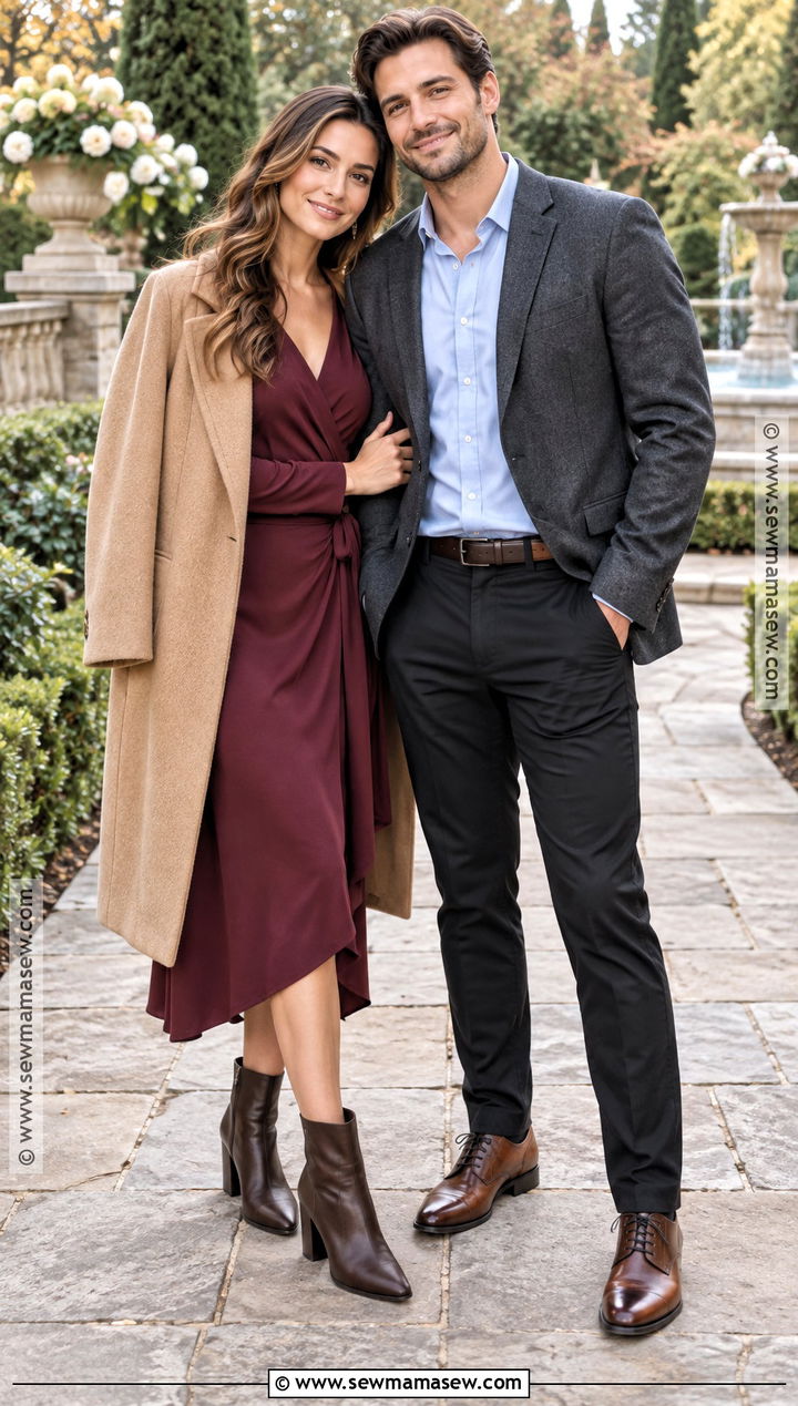 Burgundy Midi Dress Fall Engagement Photo Outfit - 15 engagement photo fall outfit ideas