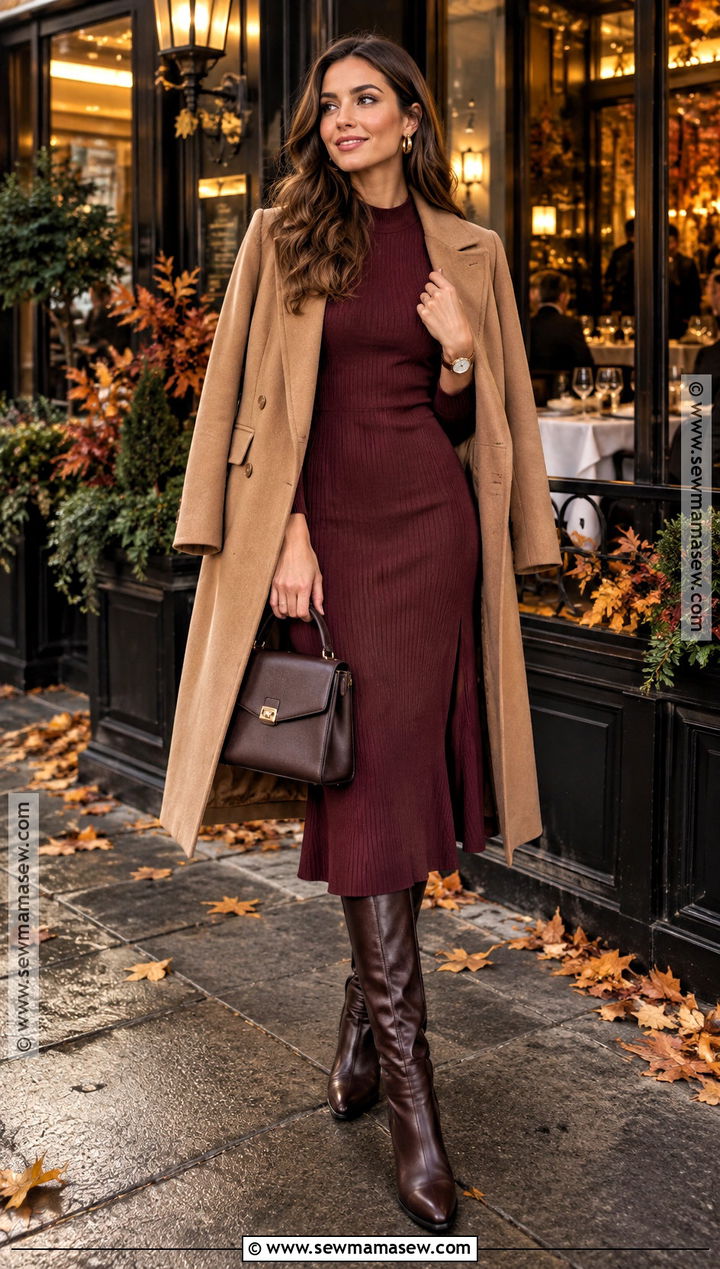 Burgundy Midi Dress With Camel Coat - 15 autumn date night outfit classy ideas