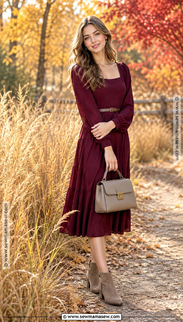Burgundy Midi Dress and Ankle Boots Senior Picture Outfit - 15 autumn senior pictures outfits