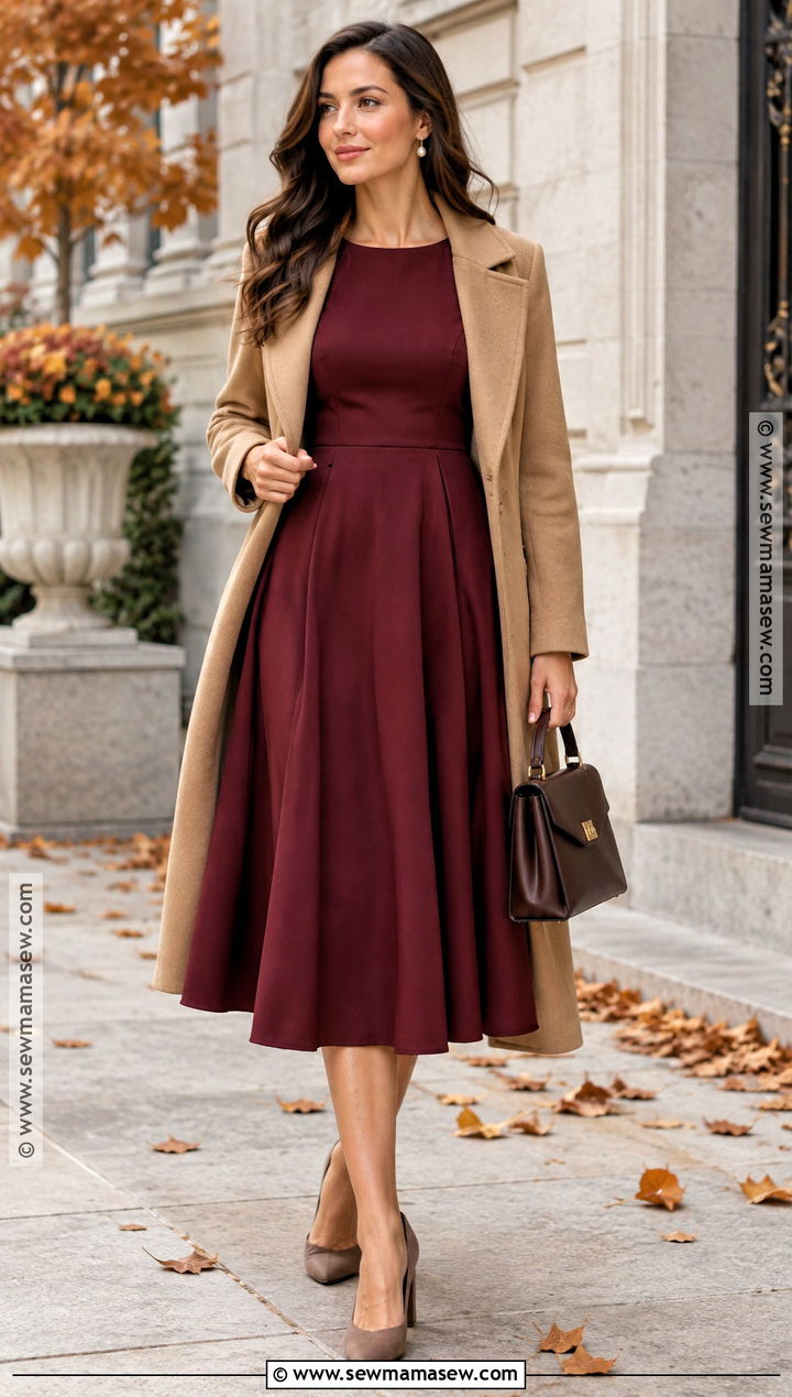Burgundy Midi Dress and Camel Coat Church Outfit - 25 fall church outfit ideas