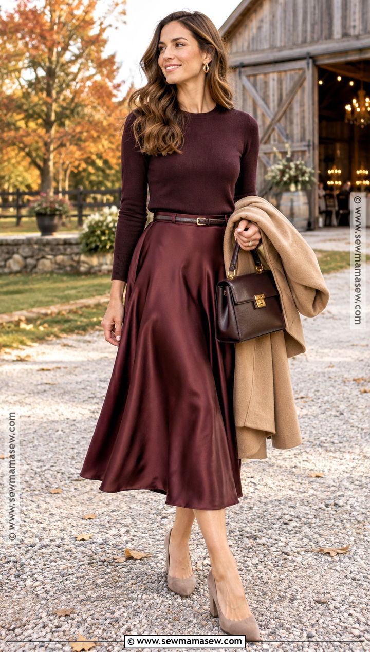 Burgundy Midi Skirt With A Fitted Knit Top - 20 Fall Farm Wedding Guest Attire Ideas