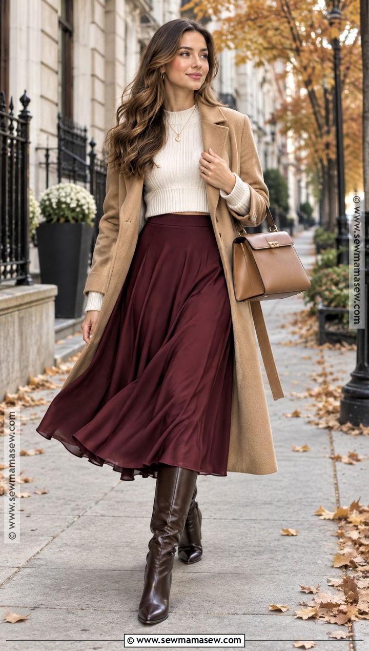 Burgundy Midi Skirt With Cream Sweater And Brown Boots - 25 skirt outfits fall