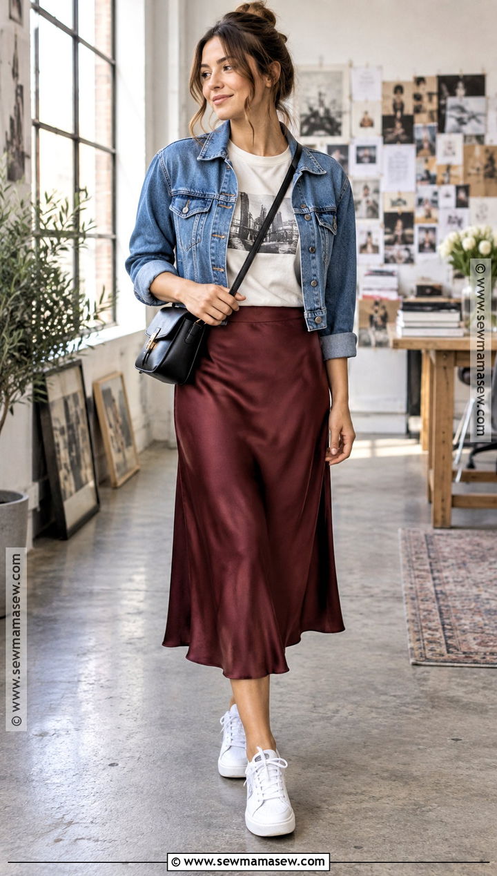 Burgundy Midi Skirt With Graphic T Shirt - 25 burgundy skirt outfit fall ideas