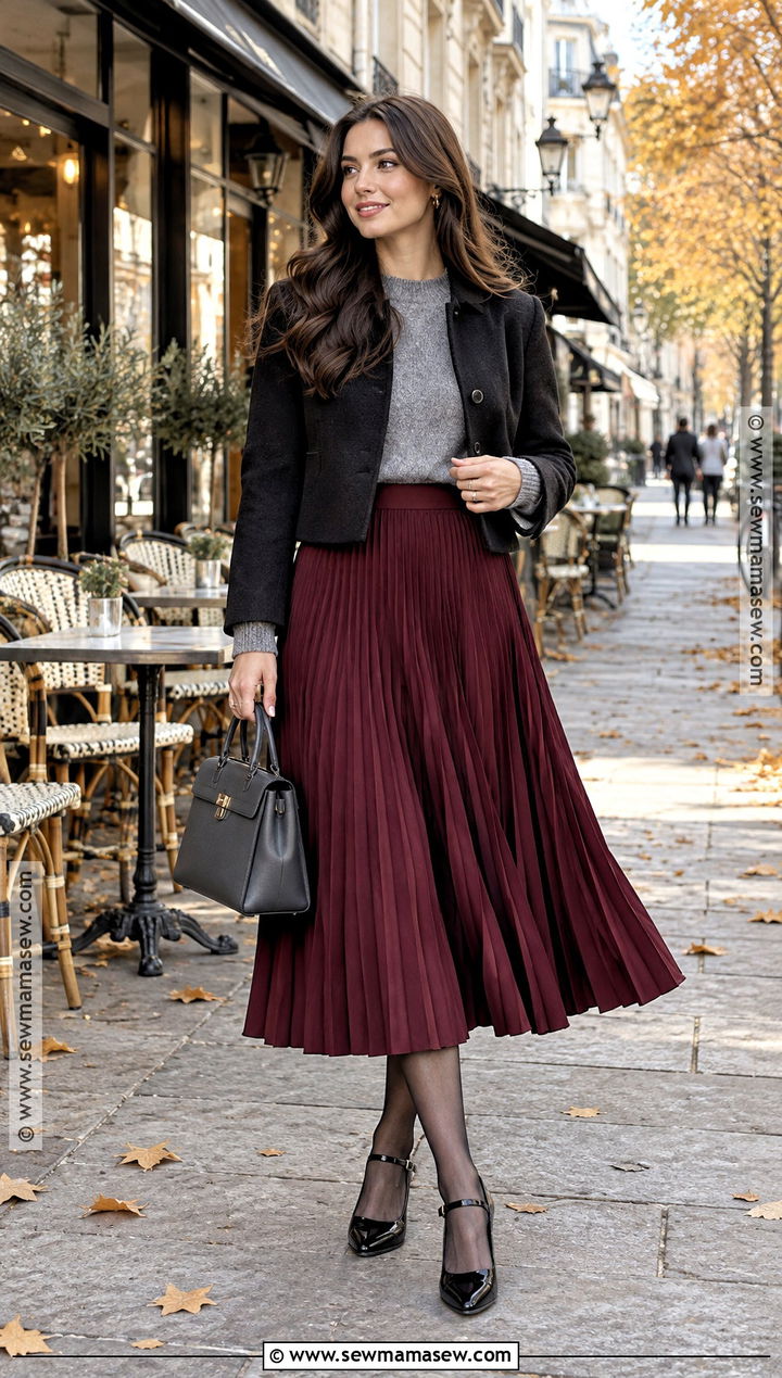 Burgundy Midi Skirt With Gray Sweater And Mary Janes - 20 midi skirt fall outfit ideas