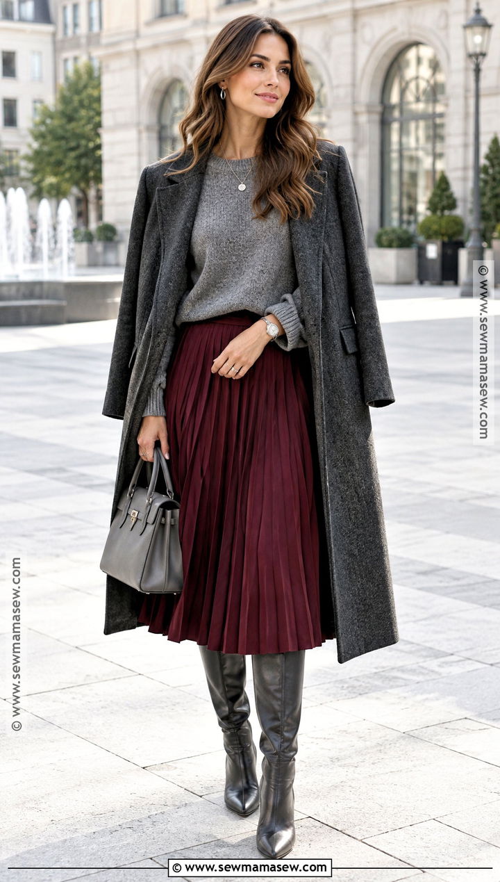 Burgundy Midi Skirt With Gray Sweater - 20 Midi Skirt Fall Ideas