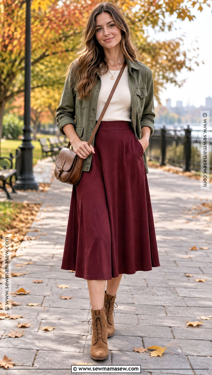 Burgundy Midi Skirt With Olive Utility Jacket - 25 burgundy skirt outfit fall ideas