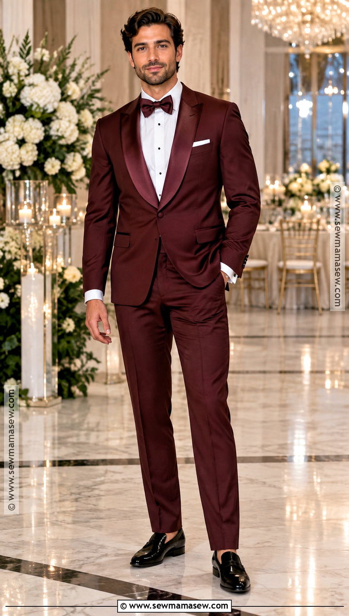Burgundy Monochrome Fall Wedding Tuxedo - 20 fall wedding tux groom attire ideas