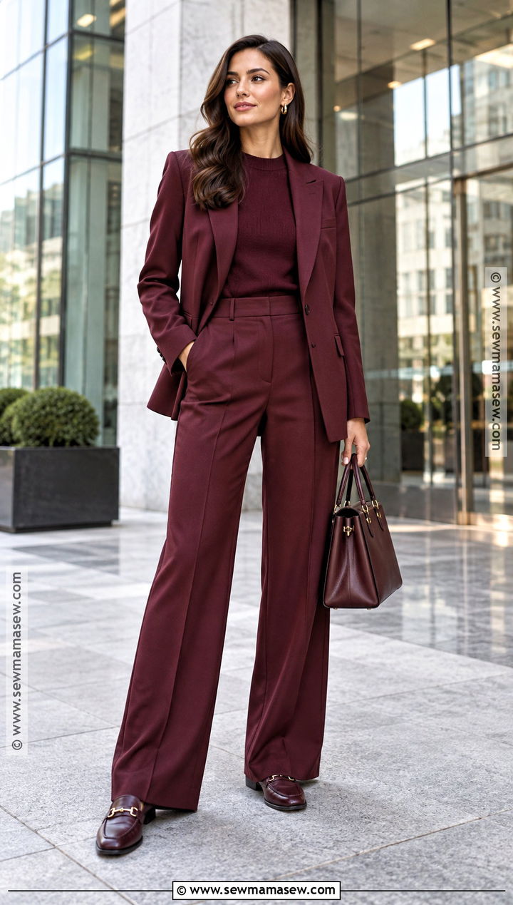 Burgundy Monochrome Suit With Loafers - 20 burgundy autumn outfit ideas