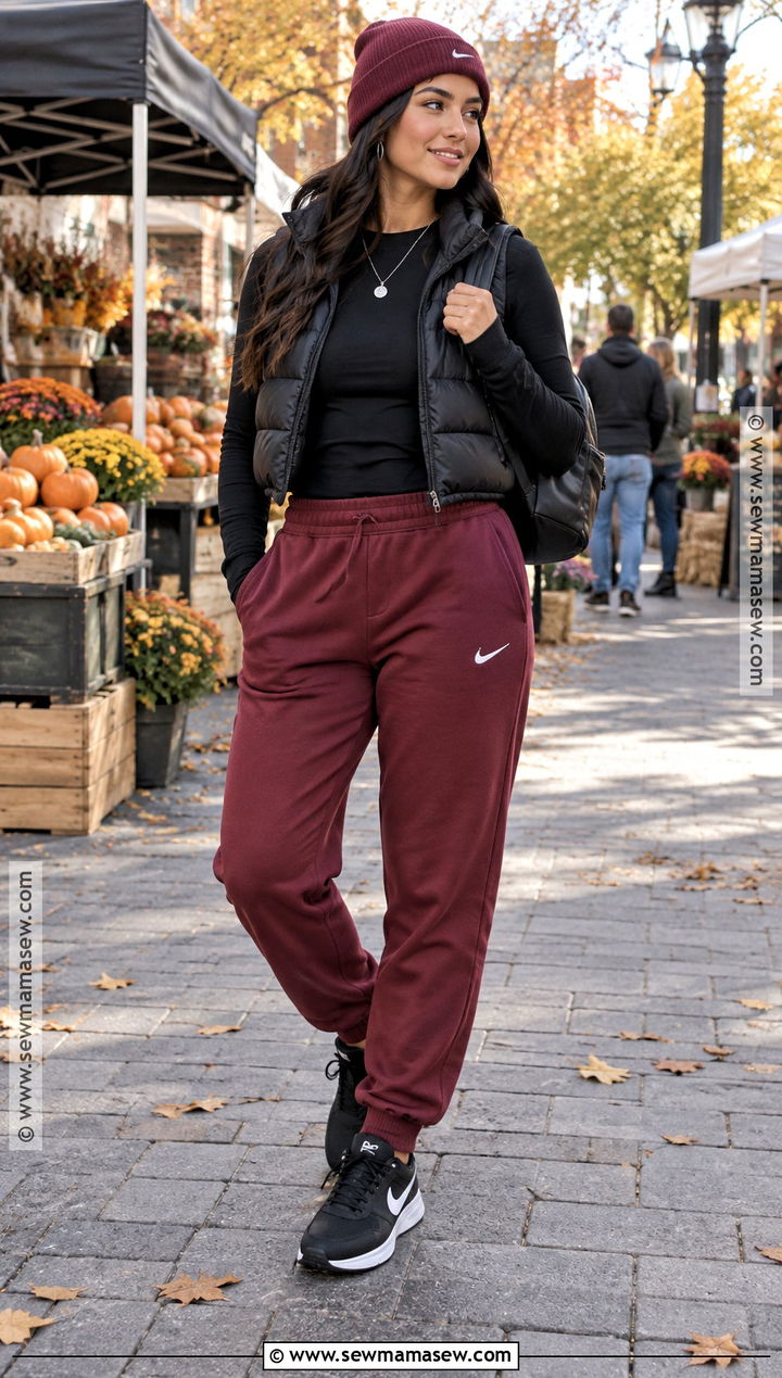 Burgundy Nike Tracksuit With Puffer Vest - 15 nike tracksuit fall fashion ideas