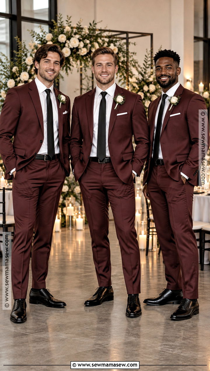 Burgundy October Groomsmen Suit With Black Accessories - 15 october groomsmen attire ideas