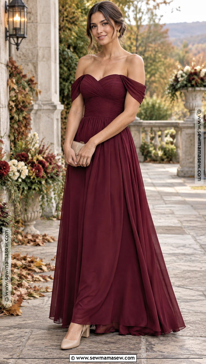 Burgundy Off The Shoulder Bridesmaid Dress - 20 fall bridesmaid dresses burgundy