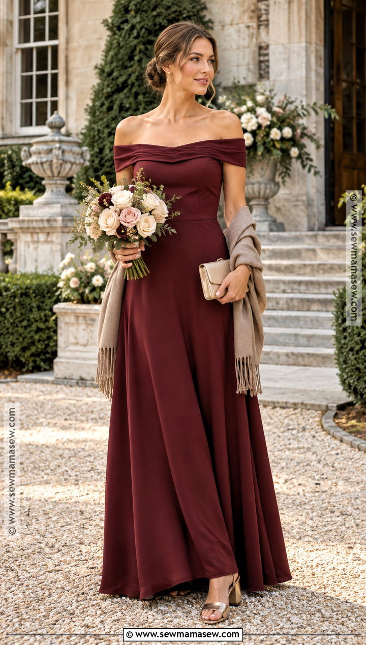 Burgundy Off the Shoulder Bridesmaid Dress - 15 early fall bridesmaid dresses