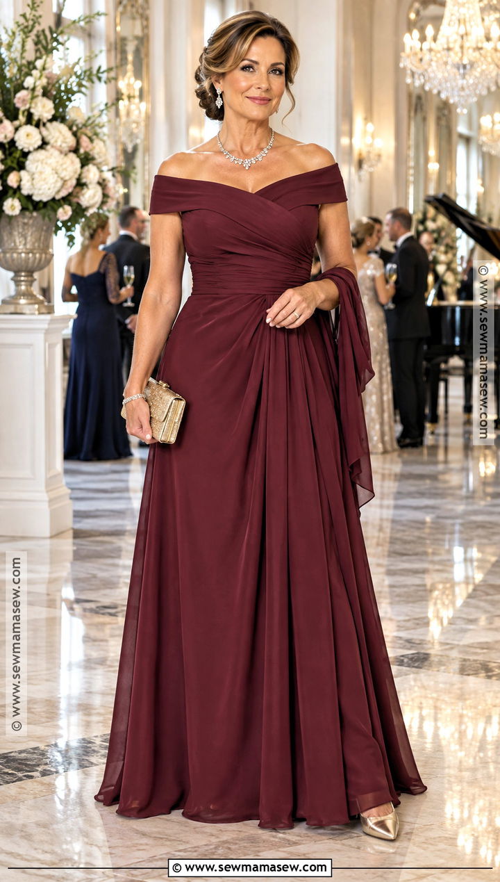 Burgundy Off the Shoulder Mother of the Groom Gown - 25 mother of the groom dresses for fall