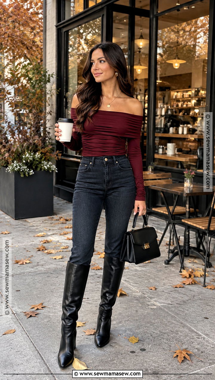 Burgundy Off the Shoulder Top With Dark Wash Jeans - 15 off-the-shoulder top fall fashion ideas