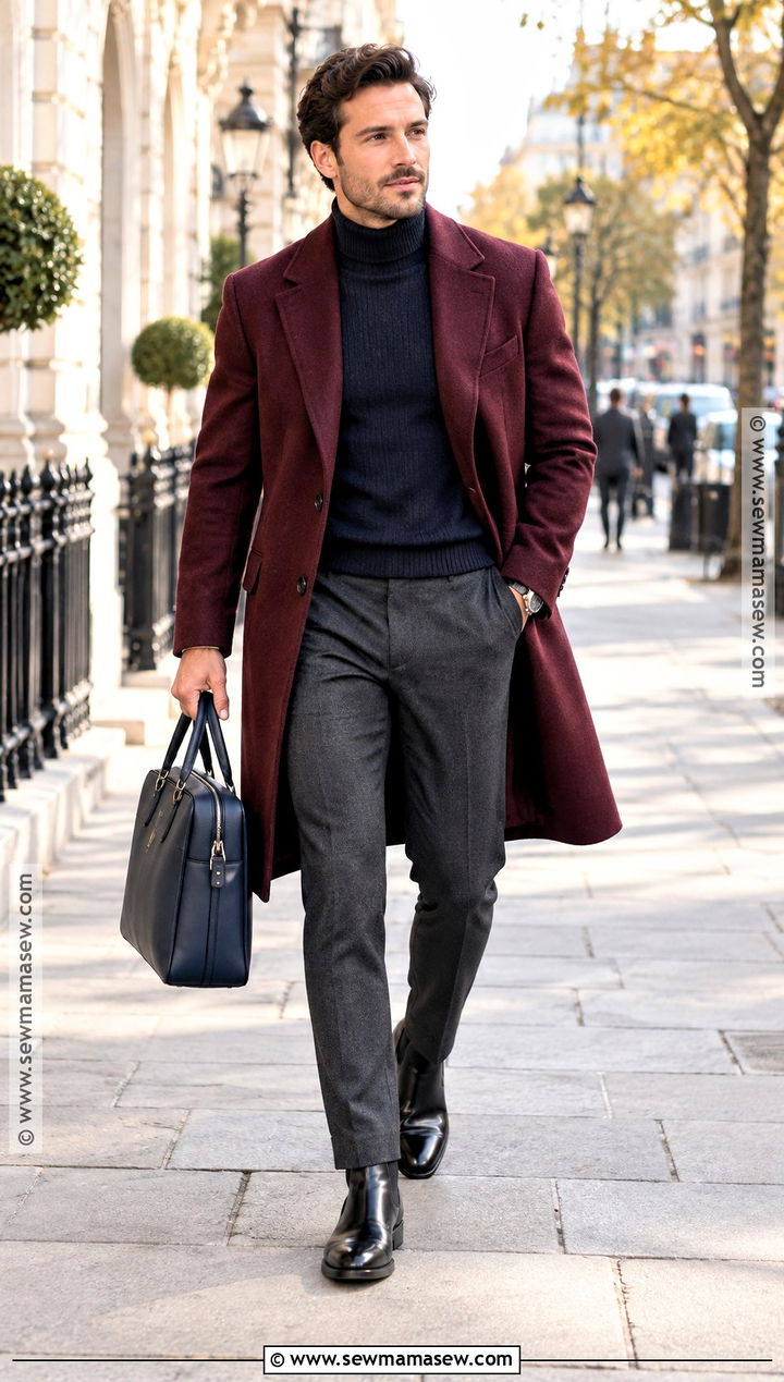 Burgundy Overcoat With Navy Layers - 15 autumn coat ideas for men