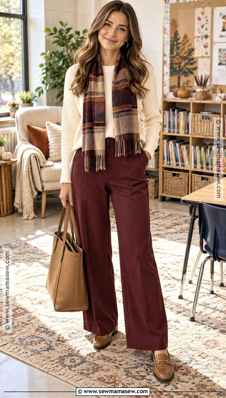 Burgundy Pants And Cream Sweater Teacher Fall Outfit - 25 teacher fall outfits