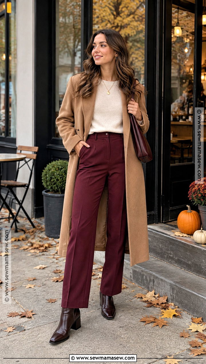 Burgundy Pants With Camel Coat - 20 autumn pants